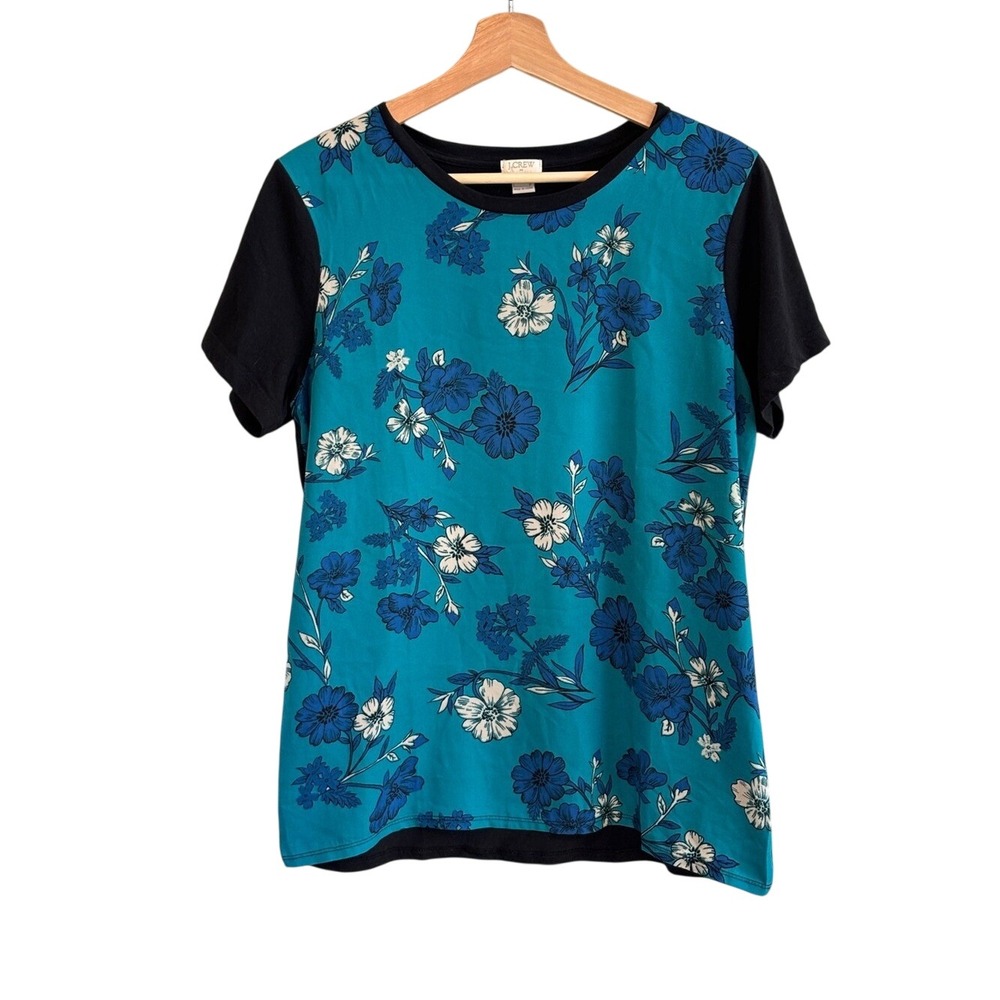 J. Crew Factory Mixed Media Tee Teal Floral Women Size M Black Short Sleeve